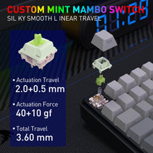 Custom mint mambo switch with keyboard and technical specifications on a dark background