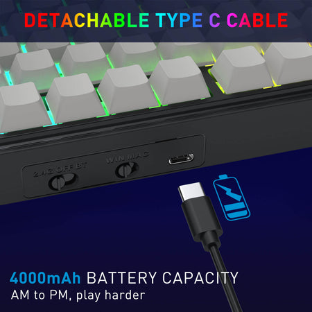 Keyboard with detachable Type C cable and 4000mAh battery capacity on a dark background