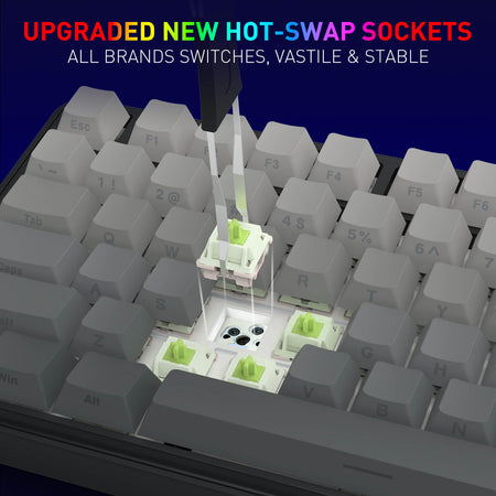 Close-up of a mechanical keyboard with hot-swap sockets being upgraded.