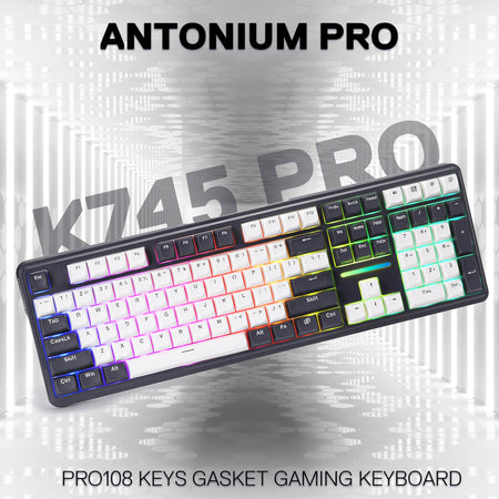 Redragon K745 PRO Gaming keyboard with colorful backlighting on a metallic background, featuring 'Antonium Pro' branding.