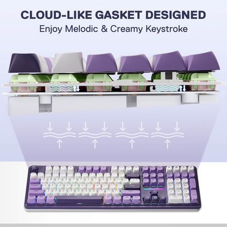 Mechanical keyboard with cloud-like gasket design on a white background