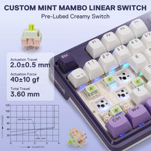 Custom mint mambo linear switch with keyboard and technical specifications on a light blue background