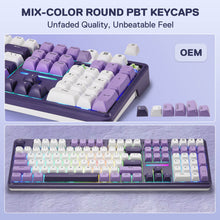 Mechanical keyboard with mix-color round PBT keycaps on a light blue background