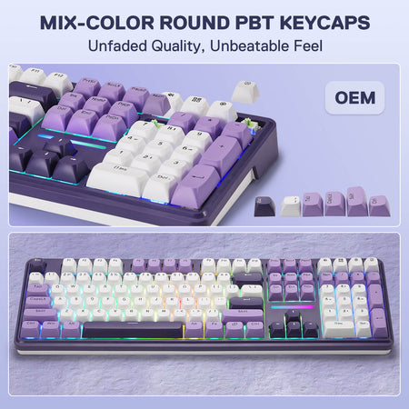 Mechanical keyboard with mix-color round PBT keycaps on a light blue background