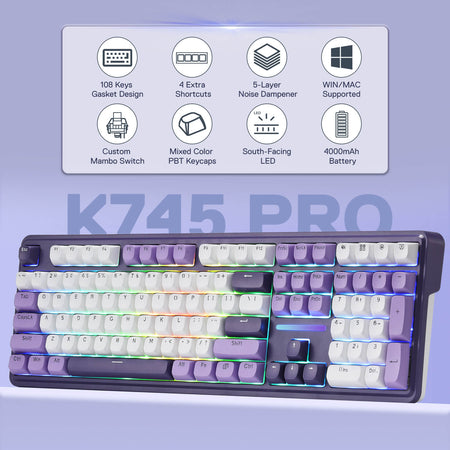 K745 Pro keyboard with feature icons and text on a light purple background