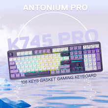 Redragon K745 PRO Gaming keyboard with colorful backlighting on a light blue gradient background, featuring 'Antonium Pro' branding.