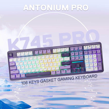 Redragon K745 PRO Gaming keyboard with colorful backlighting on a light blue gradient background, featuring 'Antonium Pro' branding.