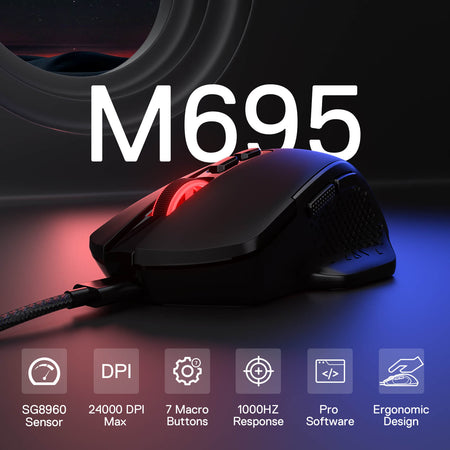 Gaming mouse M695 with specifications on a dark background