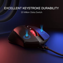 Gaming mouse with highlighted switch on a dark background, emphasizing durability.