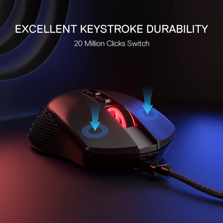 Gaming mouse with highlighted switch on a dark background, emphasizing durability.