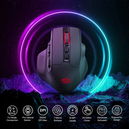 Redragon M806 Wireless Gaming Mouse, 7 Programmable Buttons Wired RGB Gamer Mouse w/ 3-Mode Connection, BT & 2.4G Wireless, Ergonomic Natural Grip Build, Software Supports DIY Keybinds & Backlit