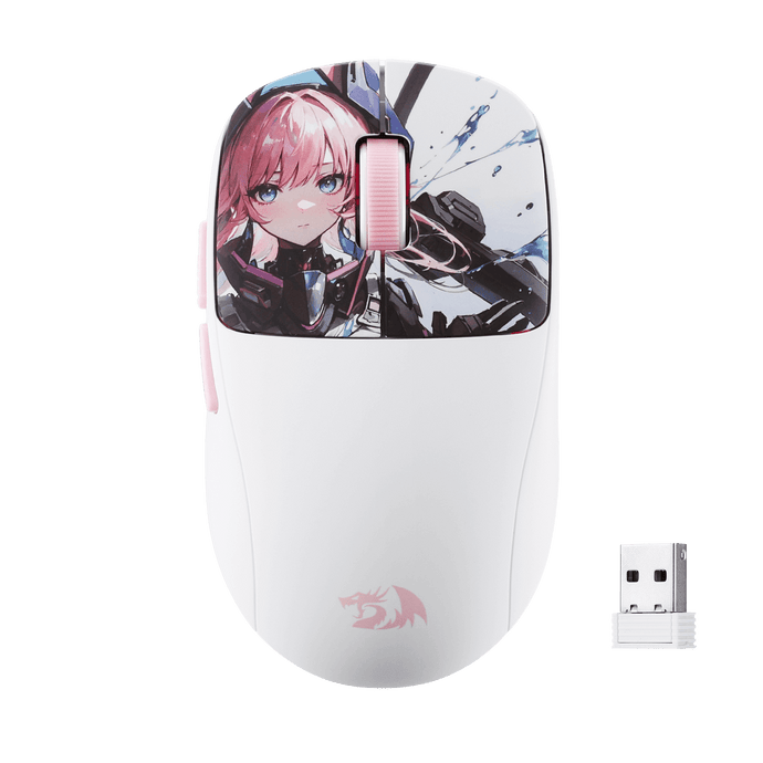 Redragon Anime M817 PRO White gaming mouse with anime character design on a black background