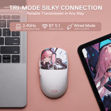 Redragon Anime M817 PRO Wireless mouse with anime character design next to a laptop and tablet on a pink background