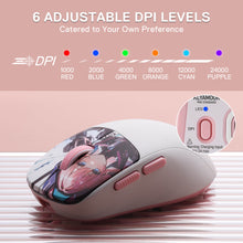 Floral-patterned computer mouse with DPI adjustment options on a pink background