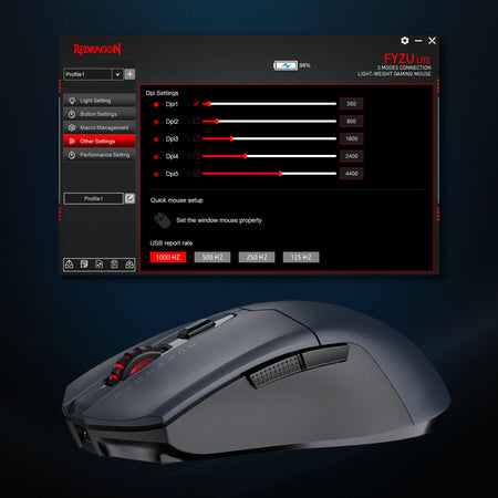 Gaming mouse with customizable settings displayed on a screen