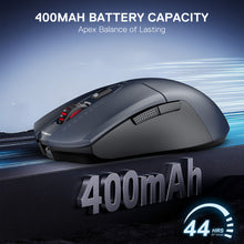 Gaming mouse with 400mAh battery capacity on a blue and black background