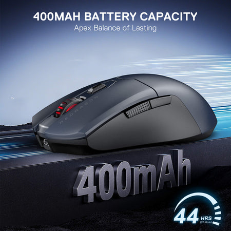 Gaming mouse with 400mAh battery capacity on a blue and black background