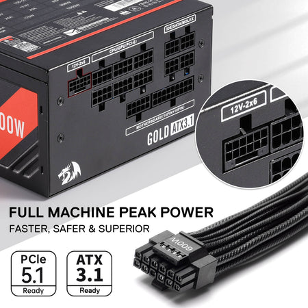 Redragon RGMS-1000W PRO 80+ Gold 1000 Watt Power Supply w/Upgraded ATX 3.1 & PCIe 5.1 Fully Modular, Compact 150mm Size, Smart ECO Low Noise Fan, 100% Japanese Capacitors, Full Mod Cables