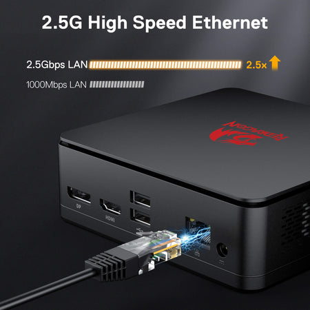 Black electronic device with 'NVIDIA' branding, connected to a cable, on a dark background with text about 2.5G high-speed Ethernet.