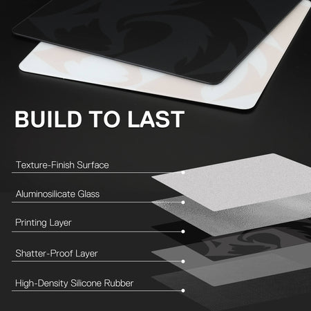 Glass screen protector with layers and 'Build to Last' text on a black background