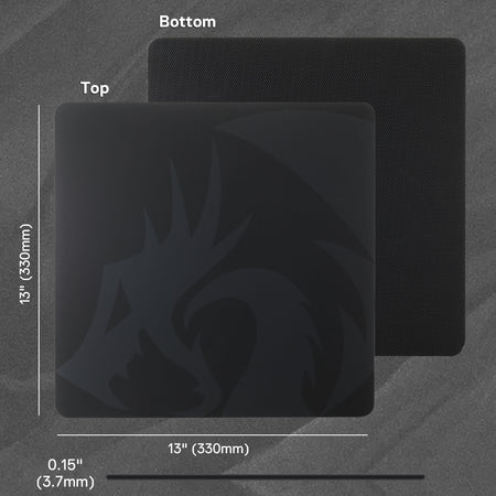 Black mouse pad with measurements on a gray background