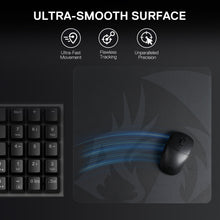 Mouse pad with a mouse and keyboard on a dark background, highlighting features like ultra-fast movement, flawless tracking, and unparalleled precision.