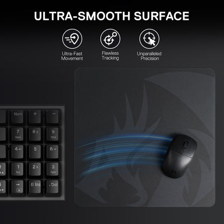 Mouse pad with a mouse and keyboard on a dark background, highlighting features like ultra-fast movement, flawless tracking, and unparalleled precision.