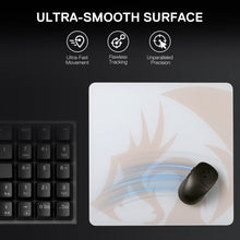 Mouse pad with a mouse on a black background, featuring text about ultra-smooth surface attributes.