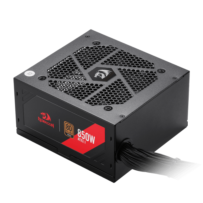 Redragon Black power supply unit with red and white branding on a black background