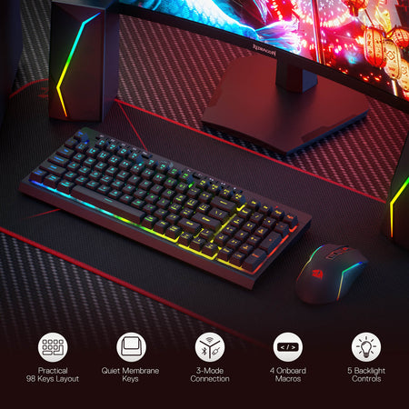 Redragon S142 Wireless Gaming Keyboard & Mouse Combo, 98 Keys K515 PRO Wireless RGB Membrane Keyboard and 4800 DPI Wireless M693 PRO Gaming Mouse Bundle