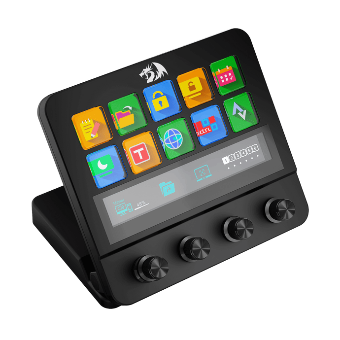 Black electronic device with colorful app icons on a black background