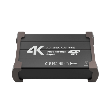 4K HD video capture device with branding on a black background