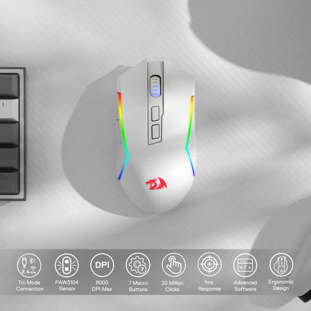 Redragon M693 Wireless Bluetooth Gaming Mouse, 8000 DPI Wired/Wireless Gamer Mouse w/ 3-Mode Connection, BT & 2.4G Wireless, 7 Macro Buttons, Durable Power Capacity and RGB Backlight for PC/Mac/Laptop