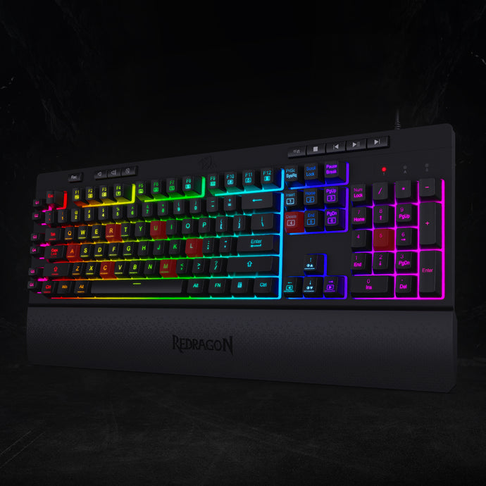 Redragon K512 SHIVA RGB Membrane Gaming Keyboard with Multimedia Keys, 6 Extra On-Board Macro Keys, Dedicated Media Control, Detachable Wrist Rest