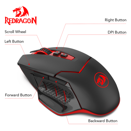 Redragon M690-1 Wireless Gaming Mouse with DPI Shifting, 2 Side Buttons, 2400 DPI, Ergonomic Design, 7 Buttons-Black