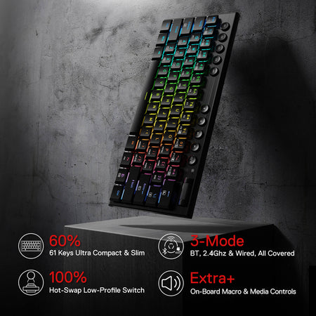 Redragon K632 PRO Noctis 60%  RGB Mechanical Keyboard, Bluetooth/2.4Ghz/Wired Tri-Mode Ultra-Thin Low Profile Gaming Keyboard w/No-Lag Connection