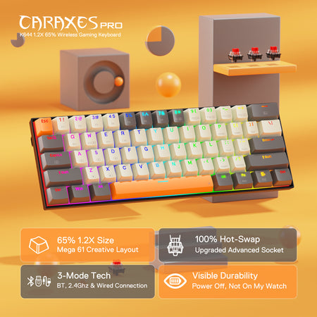 Redragon K644 SE 65% 3-Mode Wireless RGB Gaming Keyboard, 61 Keys Hot-Swappable Compact Mechanical Keyboard w/Upgrade Hot-Swap PCB Socket & Creative 1.2X Larger Size, Quiet Red Linear Switch