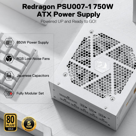 Redragon PSU006 80+ Gold 750 Watt ATX Fully Modular Power Supply w/ 80 Plus Gold Certified, Compact 160mm Size and Low Noise RGB Fan 0 RPM, 100% Japanese Capacitors, Full Mod Cables, White