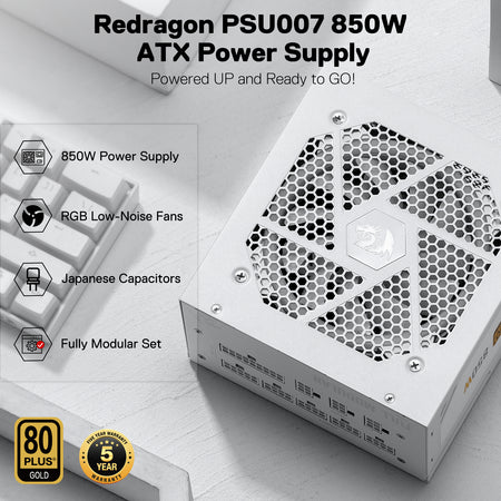 Redragon PSU007 80+ Gold 850 Watt ATX Fully Modular Power Supply w/ 80 Plus Gold Certified, Compact 160mm Size and Low Noise RGB Fan 0 RPM, 100% Japanese Capacitors, Full Mod Cables, White