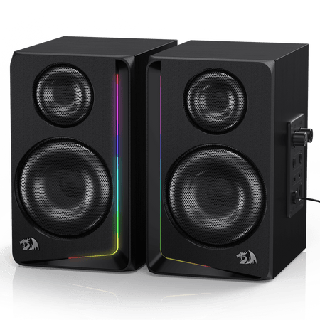 Redragon GS812 Wireless RGB Wooden Desktop Speakers, 2.0 Channel Bookshelf Speaker w/BT 5.0/3.5mm AUX Connection, Enhanced Bass/Volume Knob Control, Extra Mic/Audio Jacks & Dynamic RGB Lighting Bar