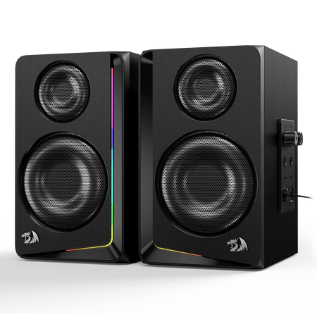 Redragon GS812 Wireless RGB Wooden Desktop Speakers, 2.0 Channel Bookshelf Speaker w/BT 5.0/3.5mm AUX Connection, Enhanced Bass/Volume Knob Control, Extra Mic/Audio Jacks & Dynamic RGB Lighting Bar