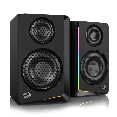 Redragon GS812 Wireless RGB Wooden Desktop Speakers, 2.0 Channel Bookshelf Speaker w/BT 5.0/3.5mm AUX Connection, Enhanced Bass/Volume Knob Control, Extra Mic/Audio Jacks & Dynamic RGB Lighting Bar