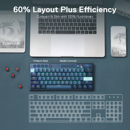 Redragon K632 PRO Noctis 60% Wireless RGB Mechanical Keyboard, Bluetooth/2.4Ghz/Wired Tri-Mode Ultra-Thin Low Profile Gaming Keyboard w/No-Lag Connection, Dedicated Media Control & Linear Red Switch
